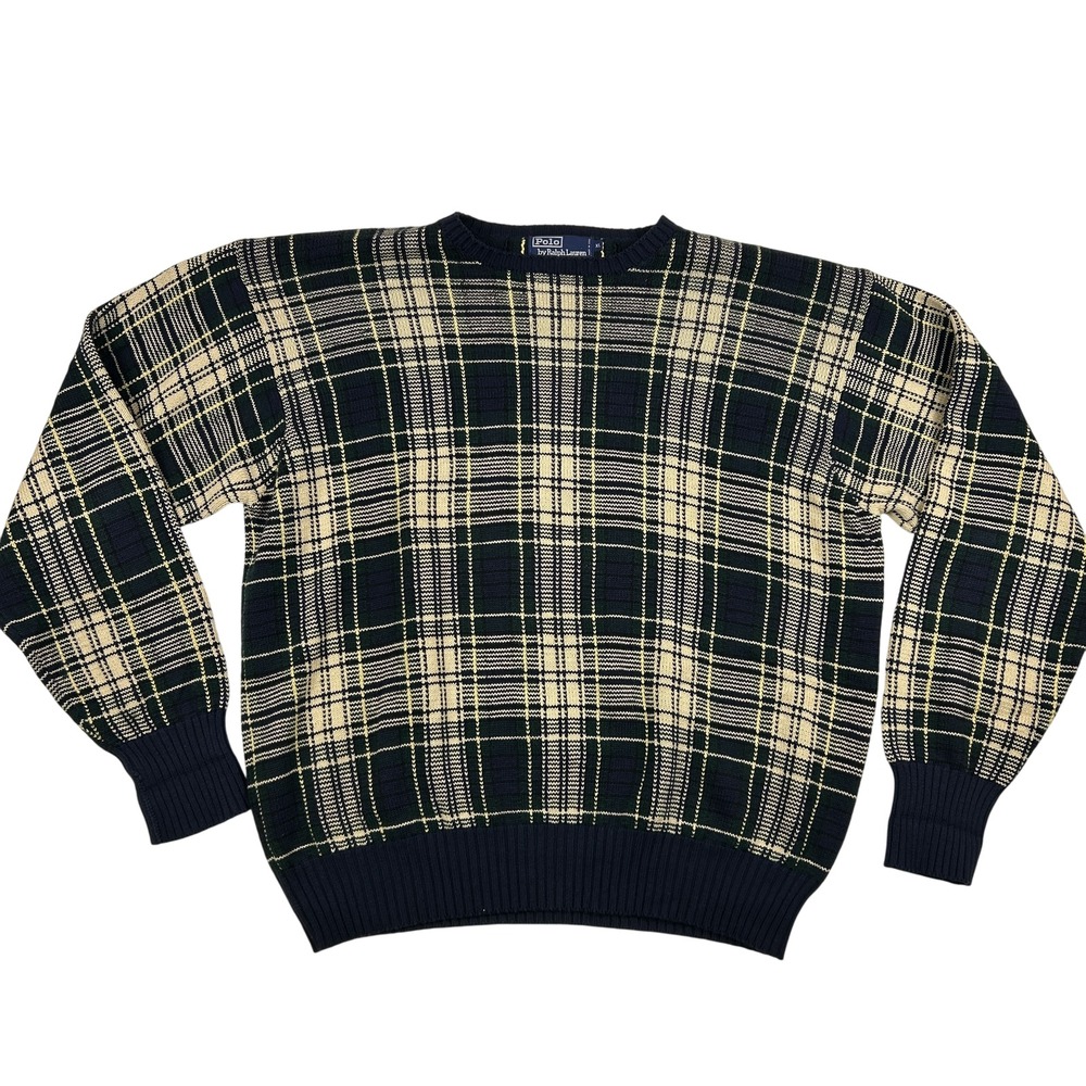 Vintage Polo Ralph Lauren Sweater Mens XL‎ Plaid Knit Crewneck 90s Preppy